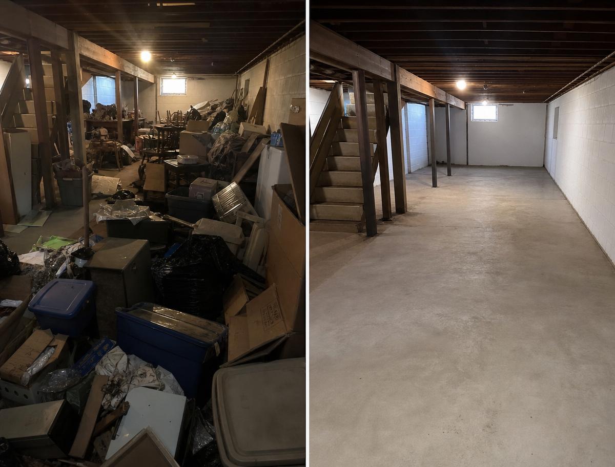 Before and after basement cleanout by Apex Hauling