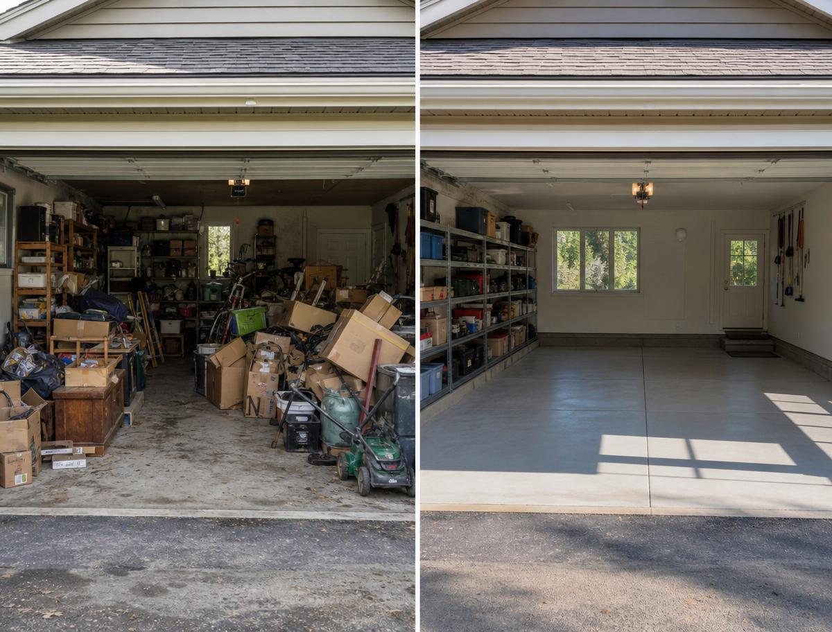Before and after garage cleanout by Apex Hauling